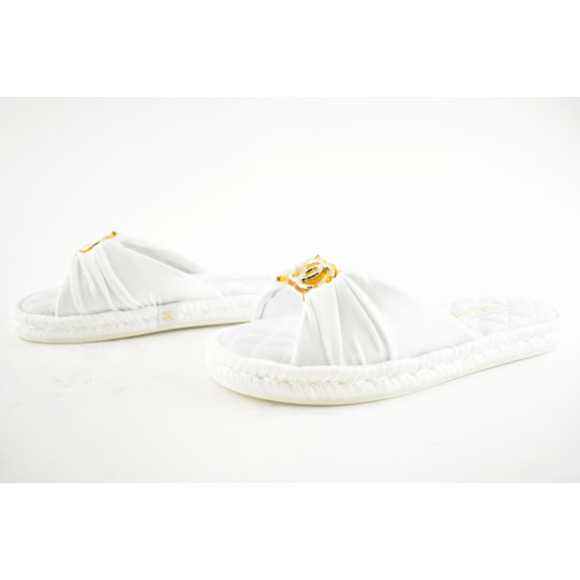 Chanel 20S White Coco Beach Gold CC Logo Slide Espadrille Sandal Mule Flat 36 - Picture 2 of 12